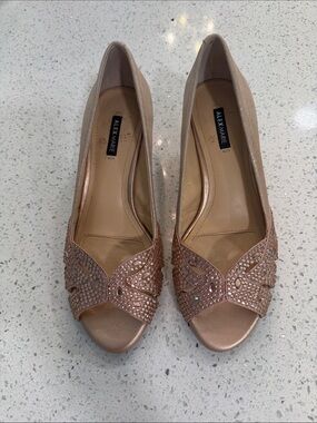 Alex Marie Rose Gold Jeweled Peep-Toe Heels